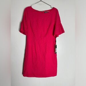 Karl Lagerfeld Bold Pink Eyelet Shift Dress Bell Sleeve Mini Dress Size 2 NWT CP